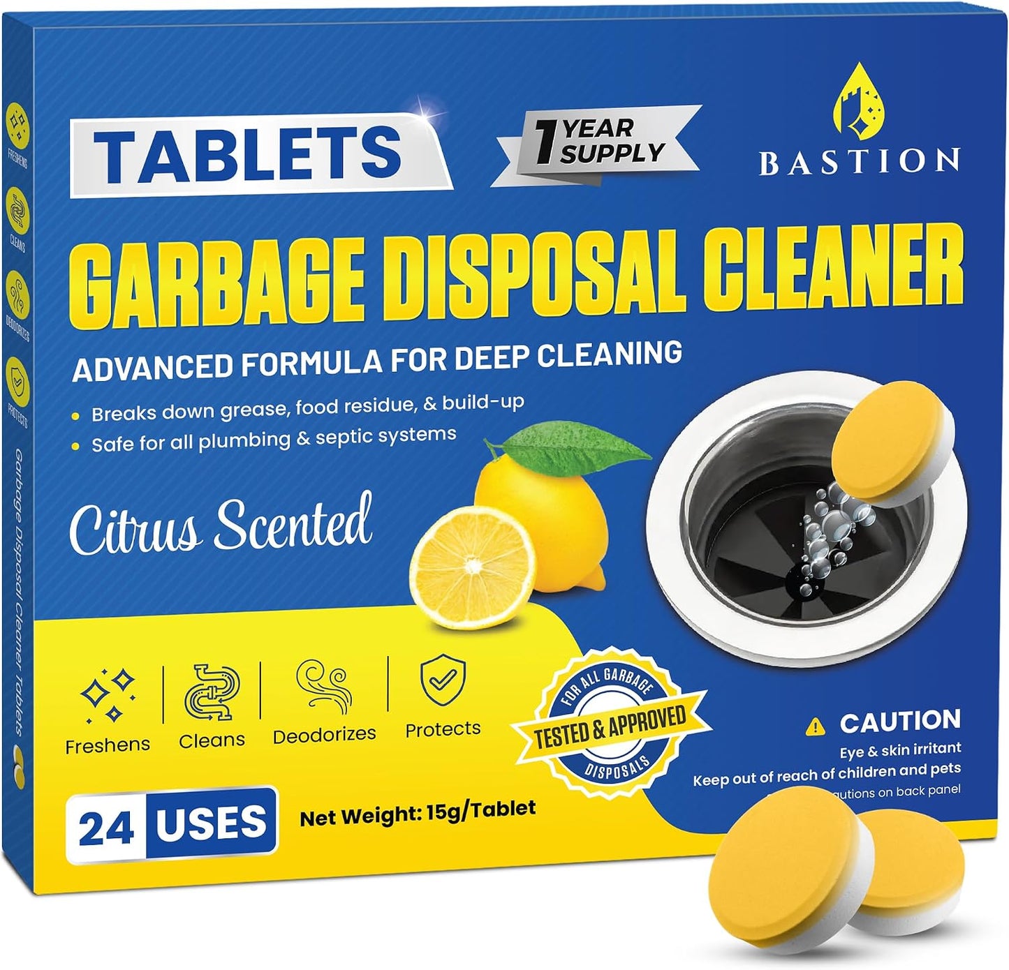 Bastion Garbage Disposal Cleaner and Deodorizer - 24-Count (1-Year Supply) Foaming Lemon Scented Kitchen Sink Freshener Pods & Drain Odor Eliminator Disposer Care