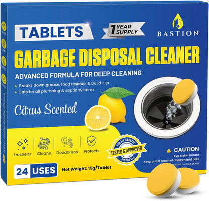 Bastion Garbage Disposal Cleaner and Deodorizer - 24-Count (1-Year Supply) Foaming Lemon Scented Kitchen Sink Freshener Pods & Drain Odor Eliminator Disposer Care