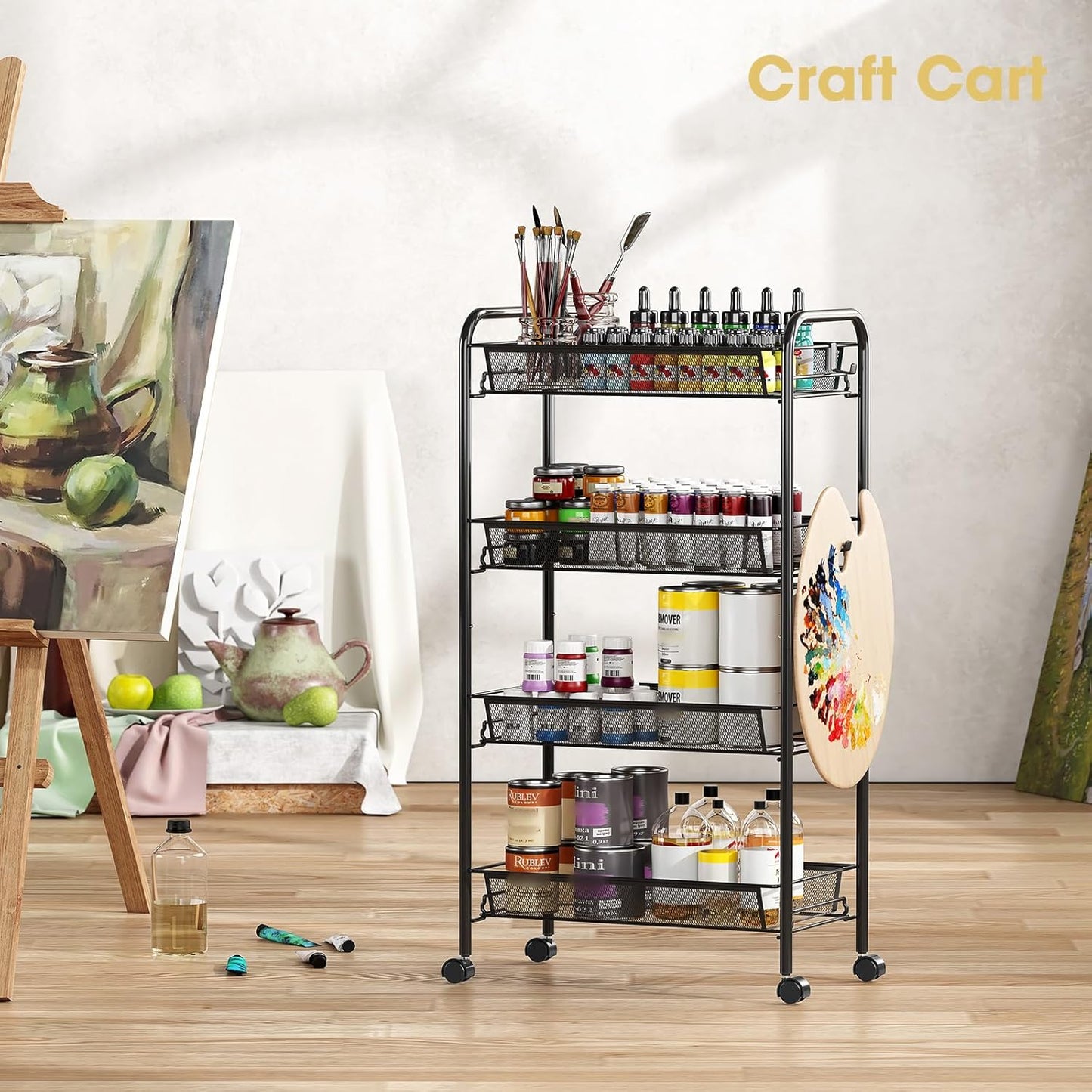 TOOLF 3-Tier Metal Rolling Cart, Mesh Wire Easy Assemble Utility Cart, Storage Trolley on Wheels with 3 Hooks, MetalStorage Shelving Units for Kitchen Bathroom Laundry Room