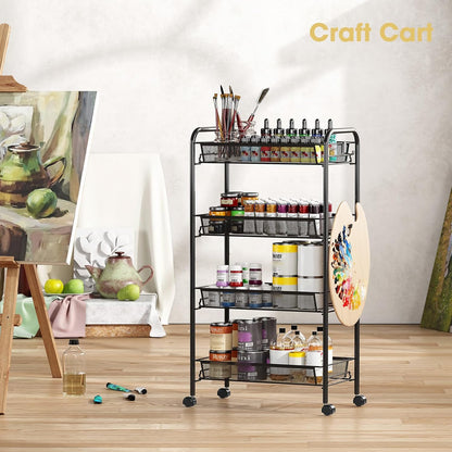 TOOLF 3-Tier Metal Rolling Cart, Mesh Wire Easy Assemble Utility Cart, Storage Trolley on Wheels with 3 Hooks, MetalStorage Shelving Units for Kitchen Bathroom Laundry Room