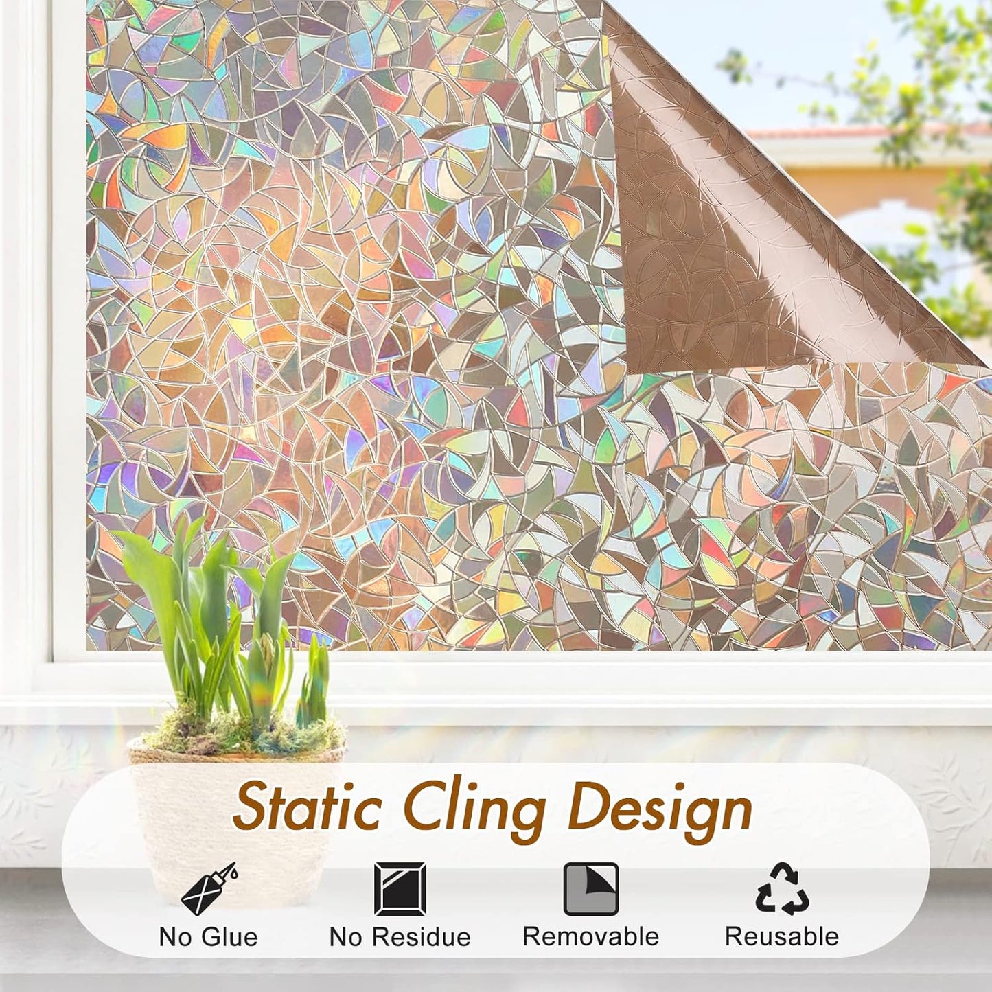Haton Window Privacy Film, Stained Glass Rainbow Film Decorative Window Clings, Static Cling Sun Blocking Stickers Decals Coverings Tint for Home Heat Control, Non-Adhesive 17.5" x 78.7"
