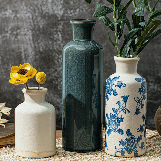 Vintage Ceramic Flower Vase Set of 3, Rustic Farmhouse Vase for Home Decor, Distressed Decorative Vase for Table Entryway Mantel Centerpiece Living Room Bathroom Bedroom (Pale Teal Wood)