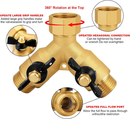 SIGURANTA Garden hose splitter, full-flow, heavy-duty brass 2-way high flow, outdoor faucet Y-valve closure diverter connector, garden hose high-flow diverter adapter. (2-Way Full Flow)