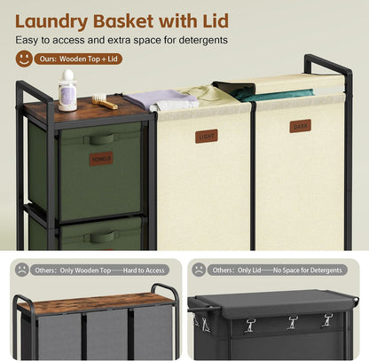 Hoctieon 4 Section Laundry Cart, 48 Gal. (182L) Laundry Hamper with Lid, Laundry Basket with Wheels, Rolling Laundry Sorter Organizer with Shelf, Clothes Separator with Removable Bags, Black