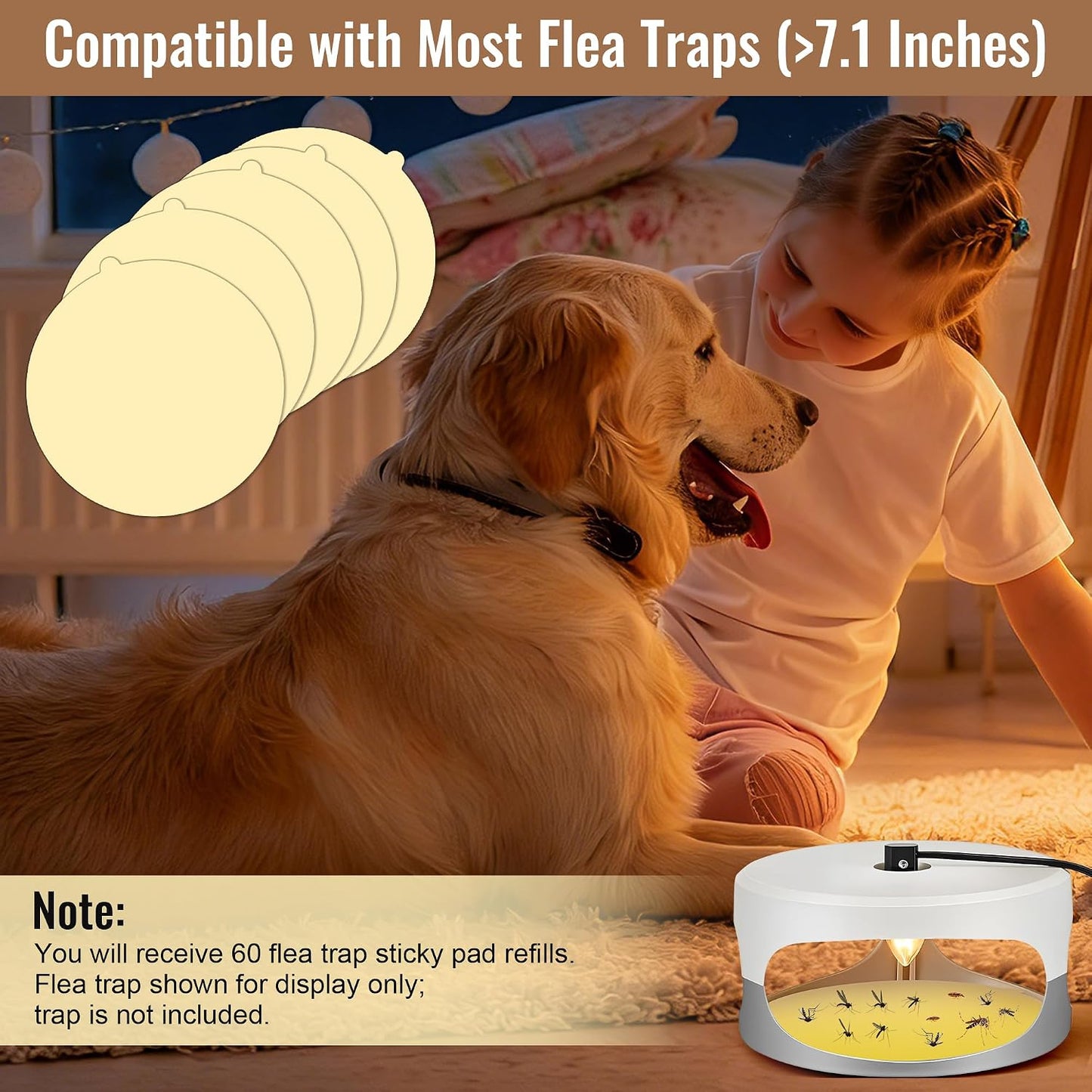 60 Pack Flea Trap Refills 7.1" Sticky Pads Fit Most Flea Traps | Flea Trap Sticky Pads Refills, Fit Most 7.1" Traps, for Inside Home Strong Adhesive, 7.1" Round Disc, Odorless Glue
