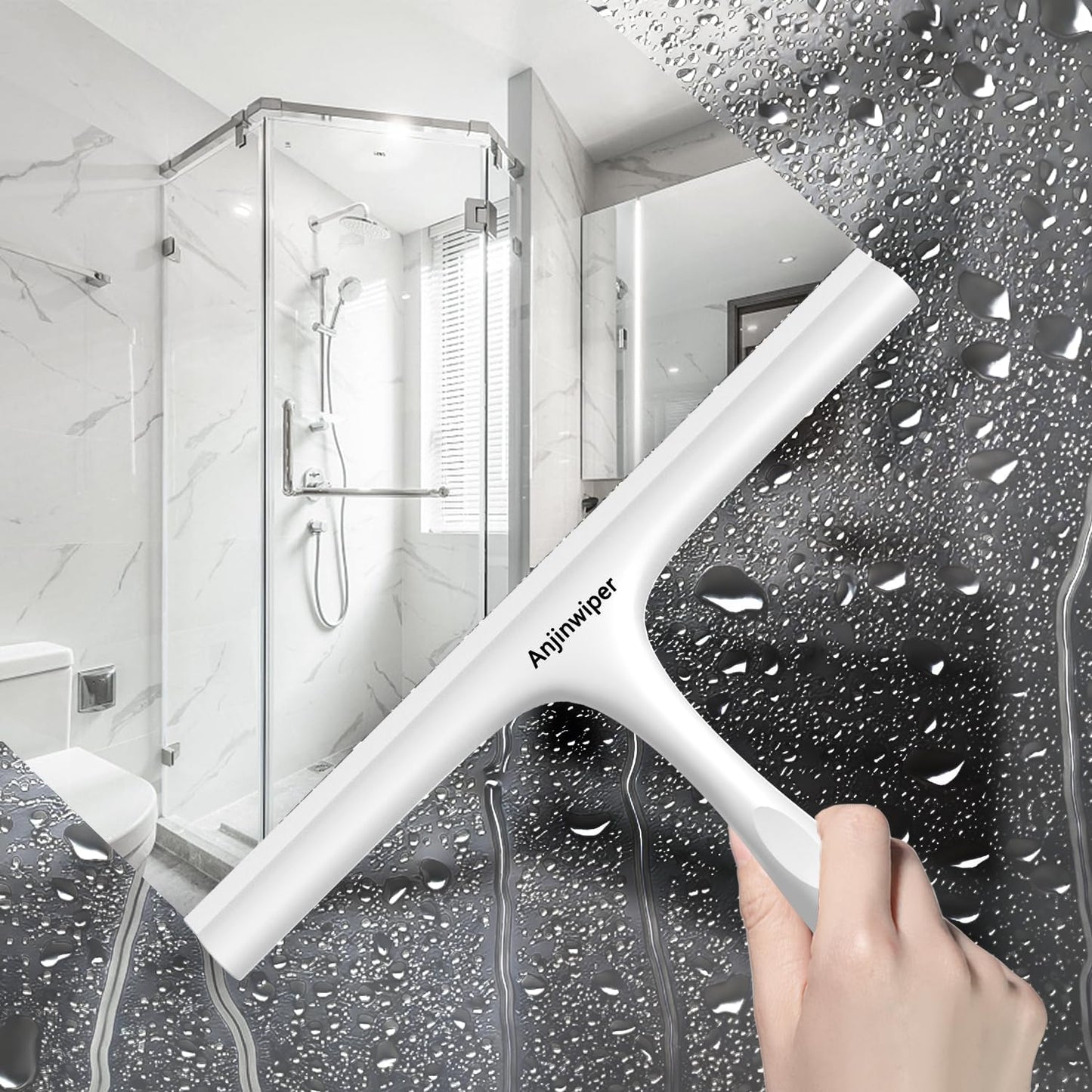 Household Squeegee for Shower Glass Doors, Silicone Shower Squeegee with Adhesive Hook, Bathroom Squeegee for Shower, Window Cleaner Tool for Glass Door, Kitchen, Tile Wall(10 inch-Black)