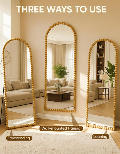Antok 58" x 21" Arched Full Length Mirror, Antique Beaded Frame Floor Standing or Wall Mounted Mirror with Stand for Bedroom, Entryway, Brown, Luxury Style