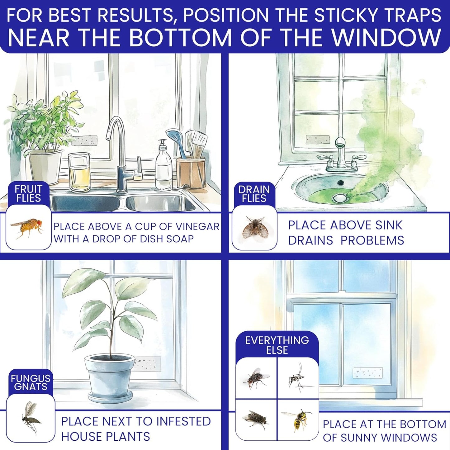 50 Window Fly Traps Sticky Non-Toxic Clear Fly Paper Indoor for Home. No Mess Flies Window Sticky Traps Bug Flies Strips Indoors. Fruit and Housefly Trap Indoor Flypaper Tape Gnat Catcher Killer.