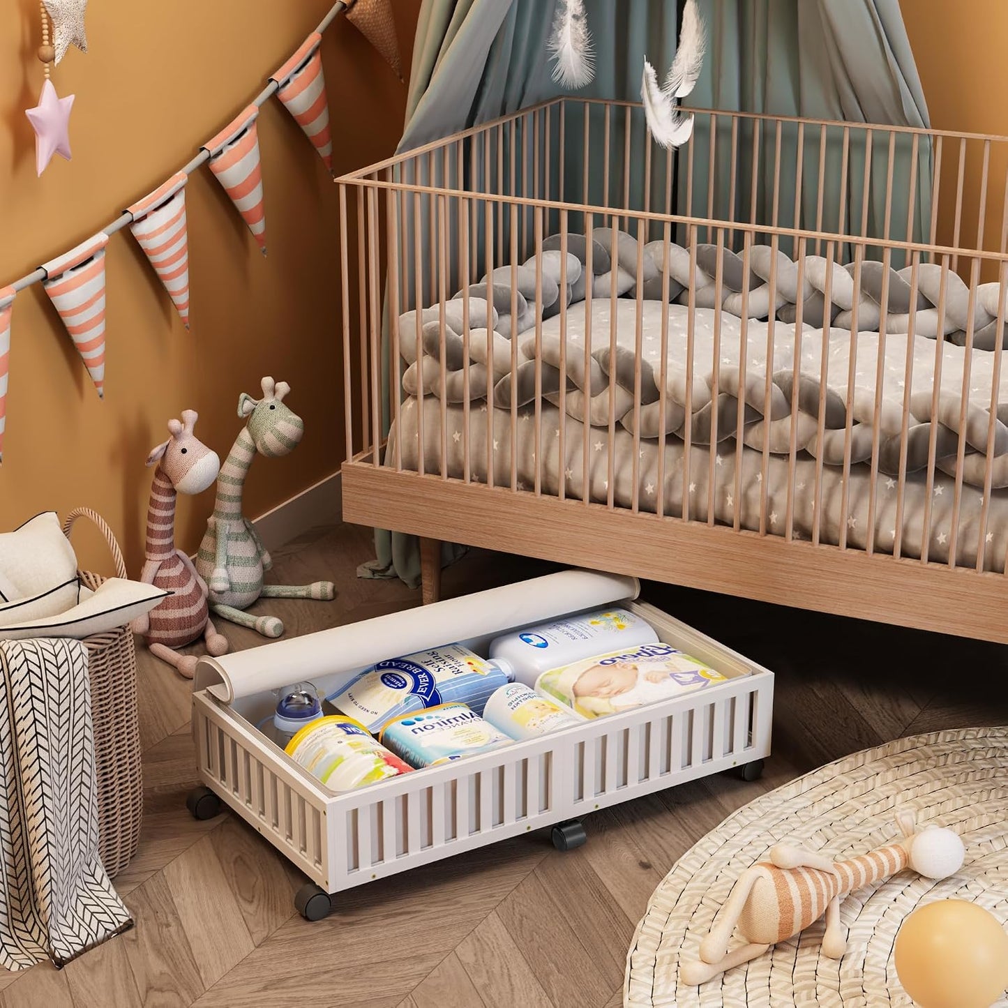 Bamboo Under Bed Storage Containers with Wheels, 2 Pack Under the Bed Shoe Storage Bins, Wood Rolling Underbed Drawers with Bag Organizer for Bedroom, Sheets Clothes Blanket Comforter, Under Crib Toy