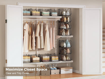 8-Tier Extended Depth Hanging Closet Organizers and Storage for Closet System, Stackable Closet Shelves with 4 Adjustable Dividers for Clothes Sweaters Purses, Wire Hanging Basket Fits Closet Laundry