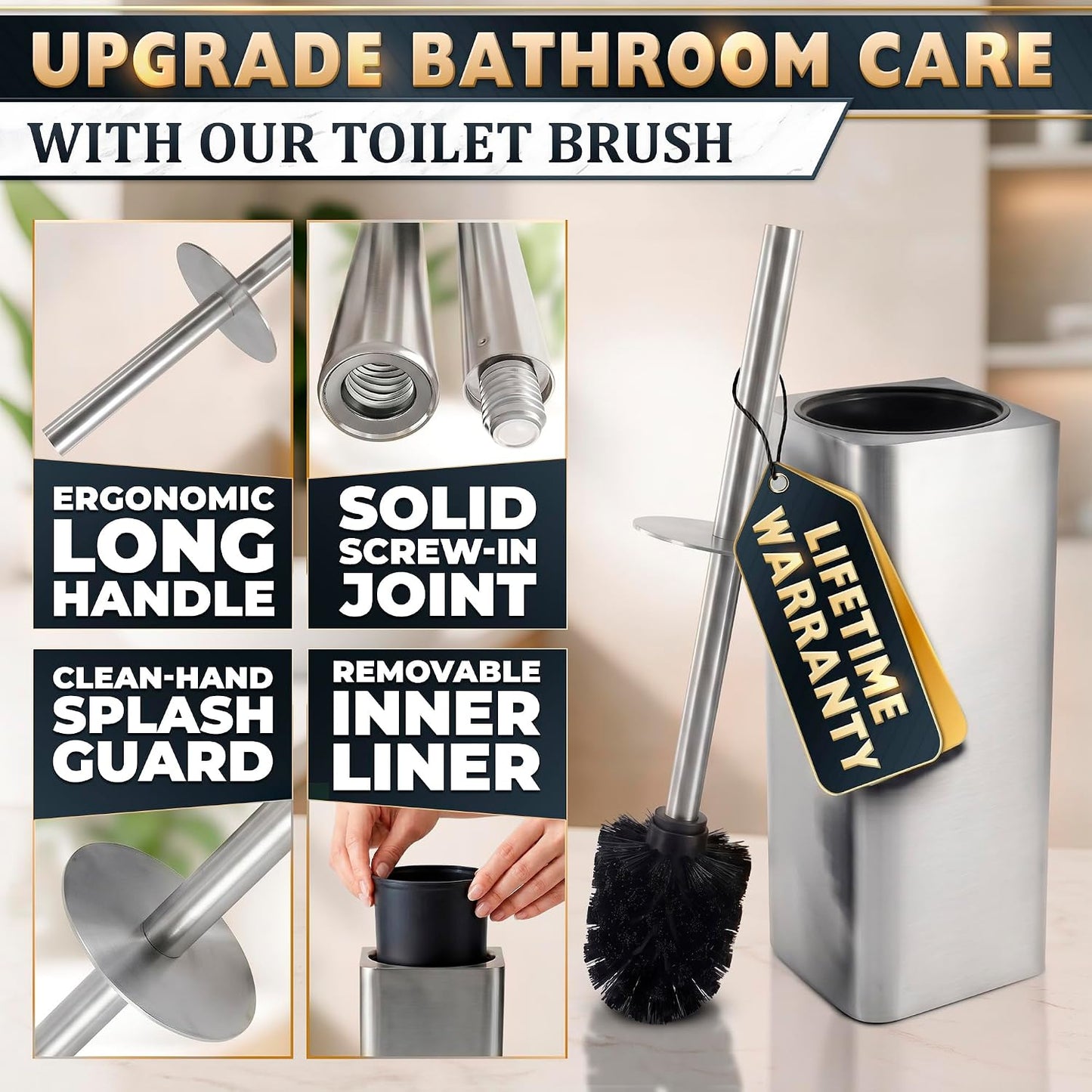 Black Toilet Brush and Holder Set - Slim Matte Design that Fits Anywhere - Stainless Steel Toilet Bowl Brush and Holder with 2 Rounded Corners, Replaceable Head, Removable Inner Bowl & Splash Guard