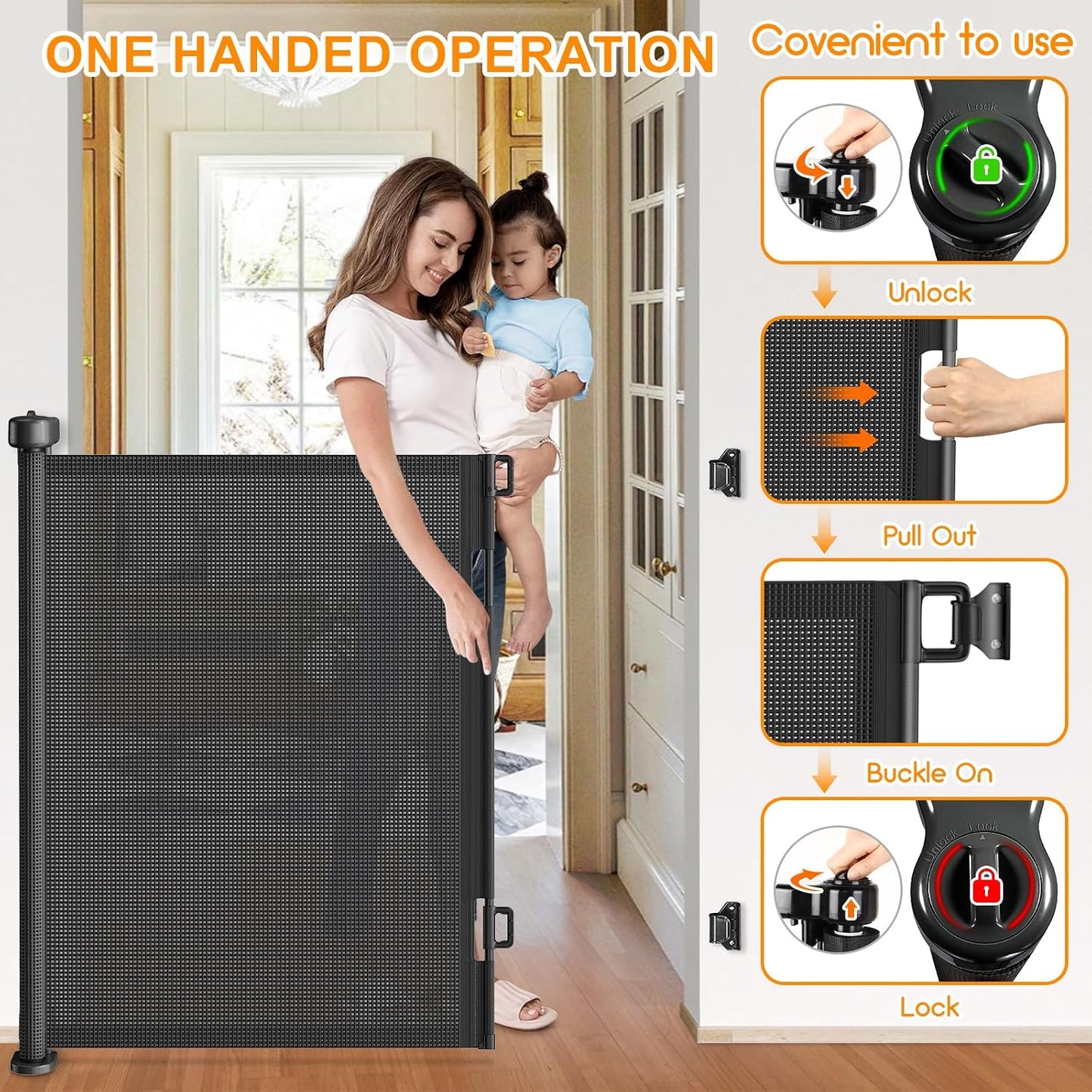 71 inch Retractable Baby Gates, EZIGO Extra Wide Baby Gate for Large Opening Extra Long Mesh Gate for Kids or Pet Dog Gate Child Safety Gate for Stairs Hallways Doorway Indoor Outdoor, Gray