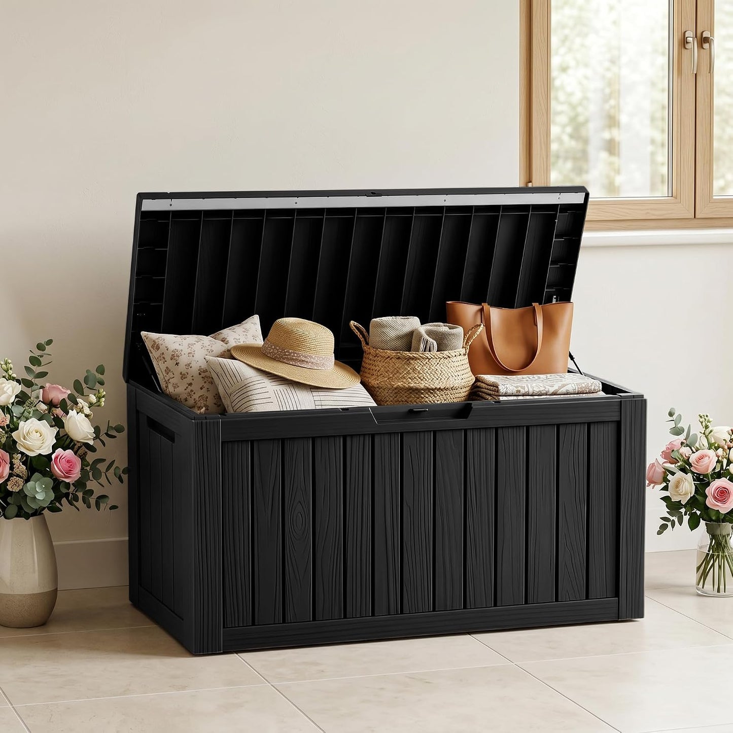 100 Gallon Storage Box, Waterproof Resin Deck Box with Hydraulic Piston Design, Lockable Storage Bench for Package Delivery, Storage Bin for Patio Cushions, Garden Tools, Black