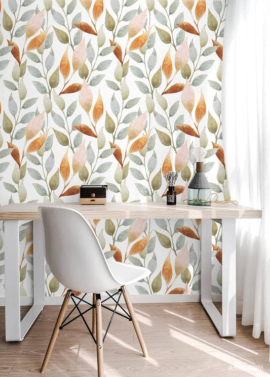 Floralplus Peel and Stick Wallpaper Removable Leaf Boho Wallpaper for Bathroom Floral Renter Friendly Wallpapers for Bedroom Leaf Contact Paper for Kitchen Cabinet Home Decor 17.5 x 118 in