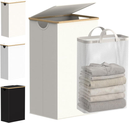 efluky Slim Laundry Basket with Lid, Narrow Laundry Hamper with Removable Bag, Skinny Dirty Clothes Basket with Bamboo Handles for Bathroom, Bedroom & Laundry Room, 75L Beige