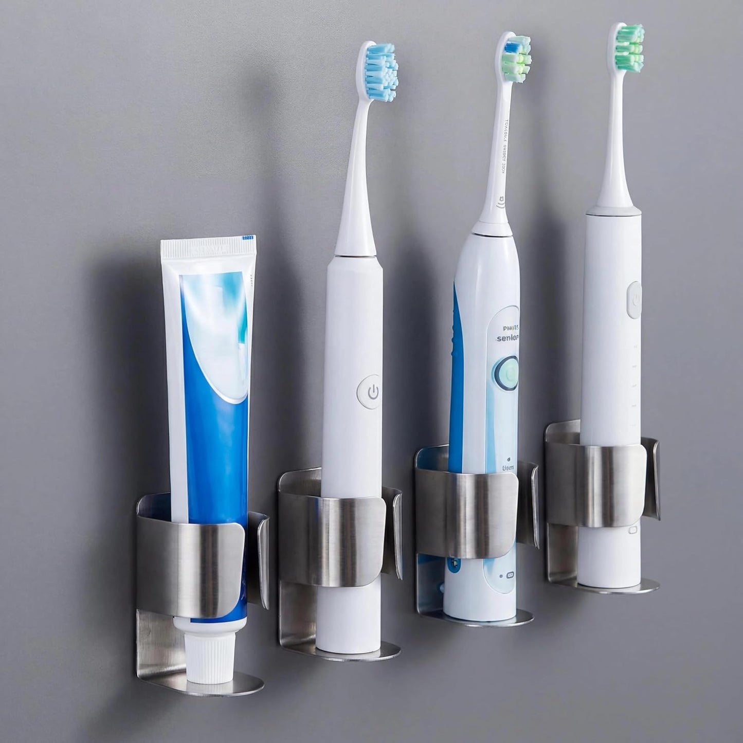 Electric Toothbrush Holder Wall Mount – No Drill 304 Stainless Steel Self Adhesive Bathroom Organizer for Toothbrush/Toothpaste/Facial/Razor – Space Saving Waterproof Rustproof – Silver 2-Pack