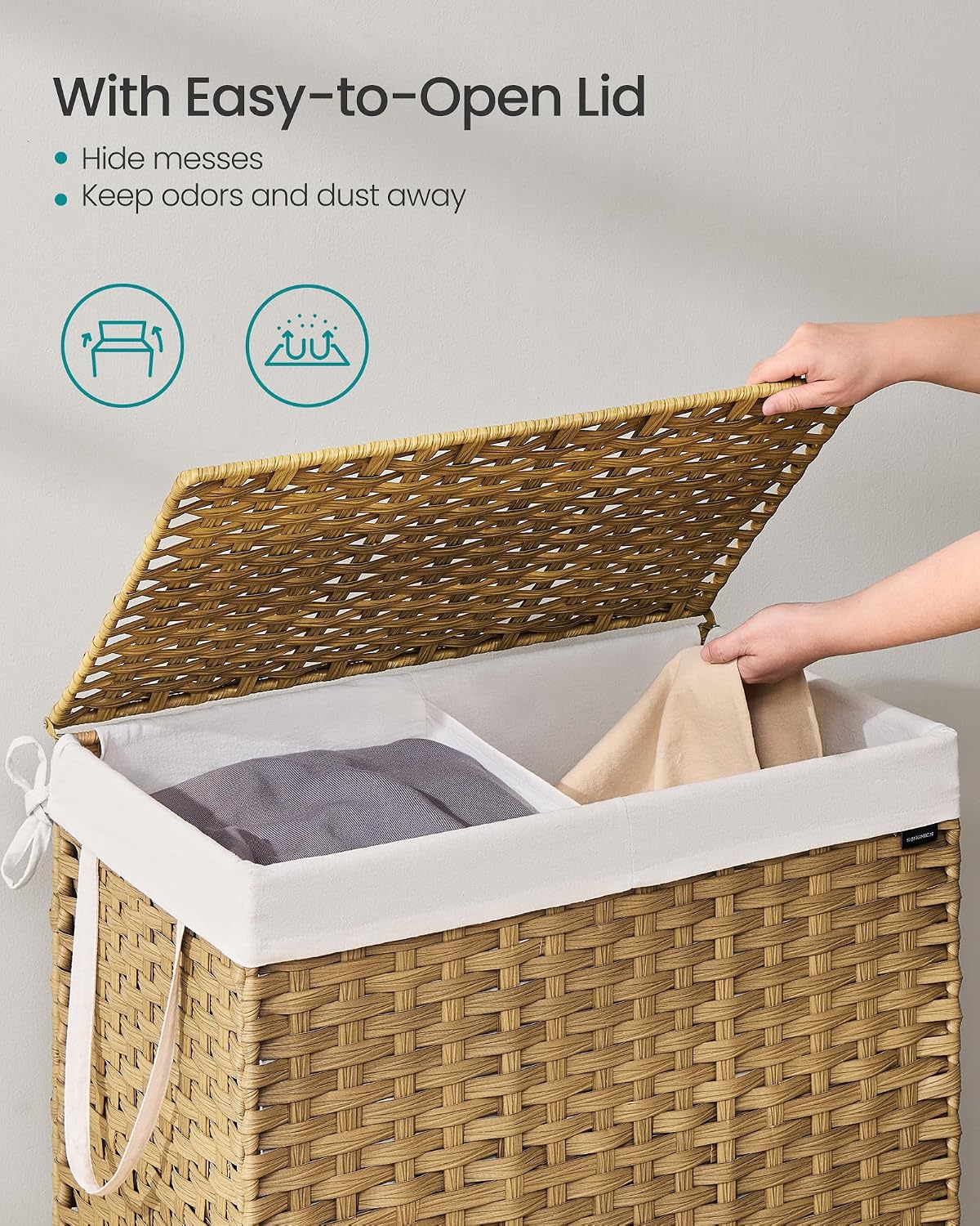 SONGMICS Laundry Hamper with Lid, 23.8 Gallon (90 L) Synthetic Rattan Clothes Laundry Basket with Lid and Handles, Foldable, Removable Liner, Chestnut Brown ULCB051K02