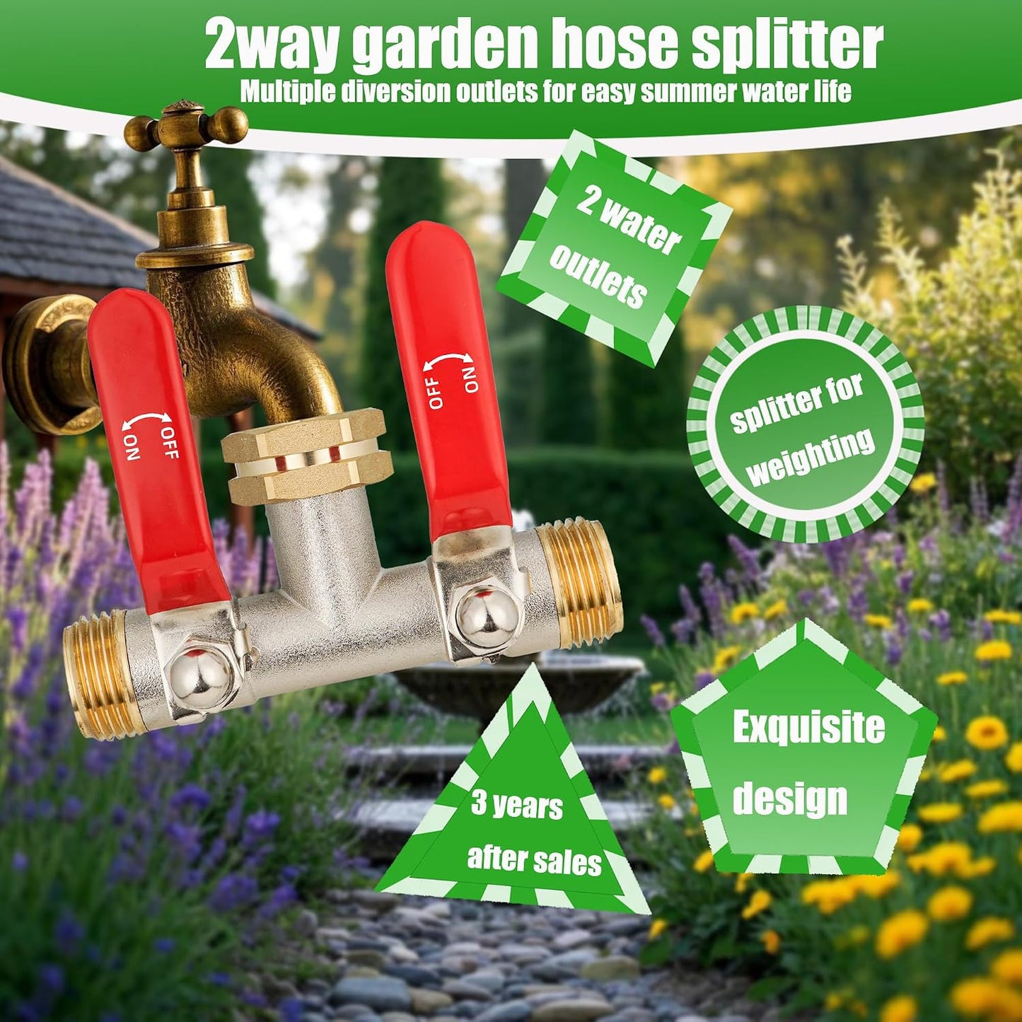 EJW Hose Splitter 2 Way, Garden Hose Splitters, 2 Way Faucet Splitter, Water Spigot Splitter, RV Brass Hose Splitter, Two way Hose Bib Splitter, Double Hose Connector, Hose Valve 3/4 Inch GHT Thread.