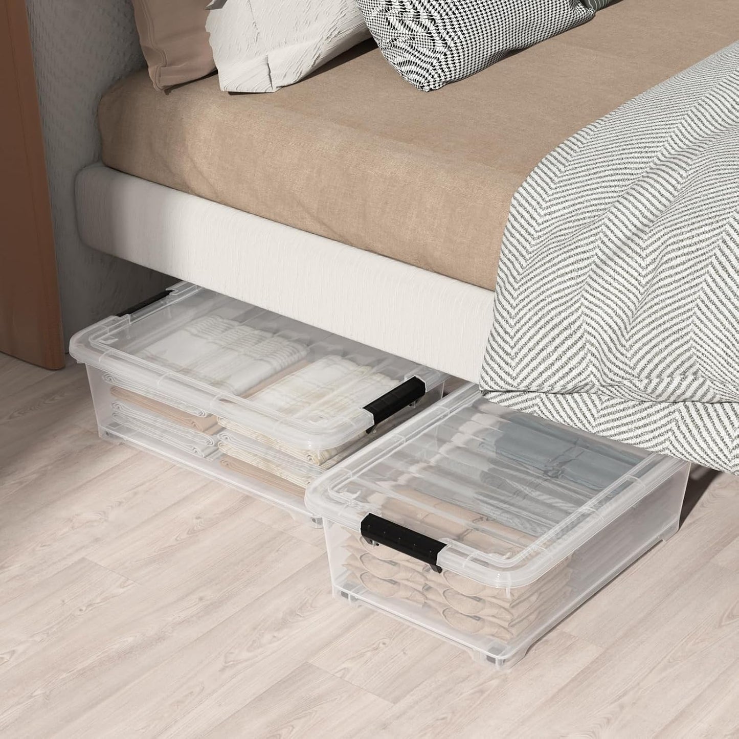 40 Quart Plastic Clear Underbed Storage Bin with Wheels, 3 Packs | Stackable Large Flat Under Bed Organization Boxes with Lids