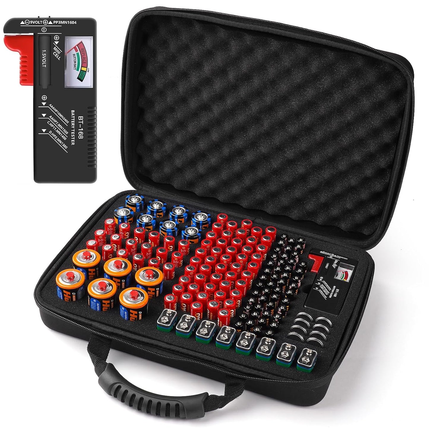 Arkeiliy Battery Organizer, Battery Organizer Storage Case with Tester BT-168, Waterproof Battery Holder Box Holds, Battery Case Organizer 60+ AA AAA C D 9V Batteries (Batteries are Not Included)