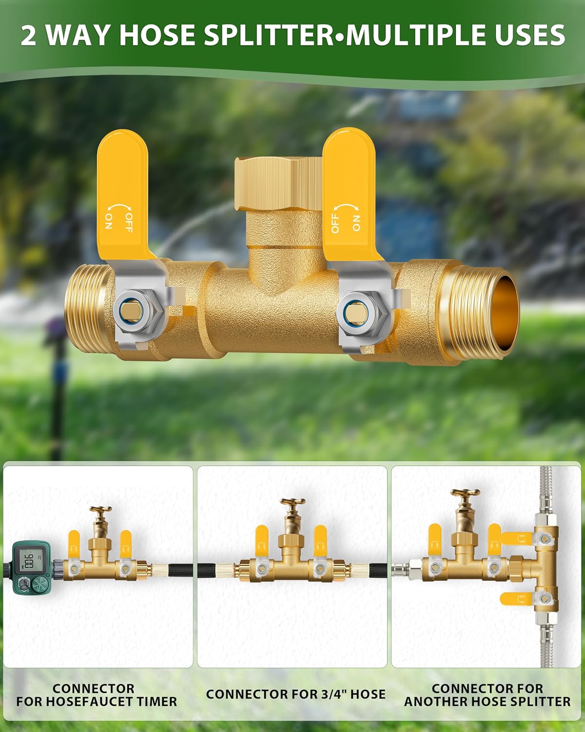 Hose Splitter 2 Way, Heavy Duty Brass Garden Hose Splitter, Water Hose Bib Spigot Splitter with 0.59" Full Flow Ball Valve Outlet & Shut-Off Valve 3/4'' Connector Outdoor Water Faucet Adapter