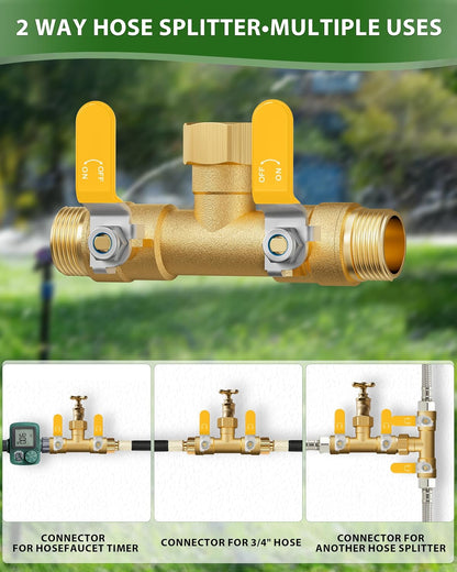 Hose Splitter 2 Way, Heavy Duty Brass Garden Hose Splitter, Water Hose Bib Spigot Splitter with 0.59" Full Flow Ball Valve Outlet & Shut-Off Valve 3/4'' Connector Outdoor Water Faucet Adapter
