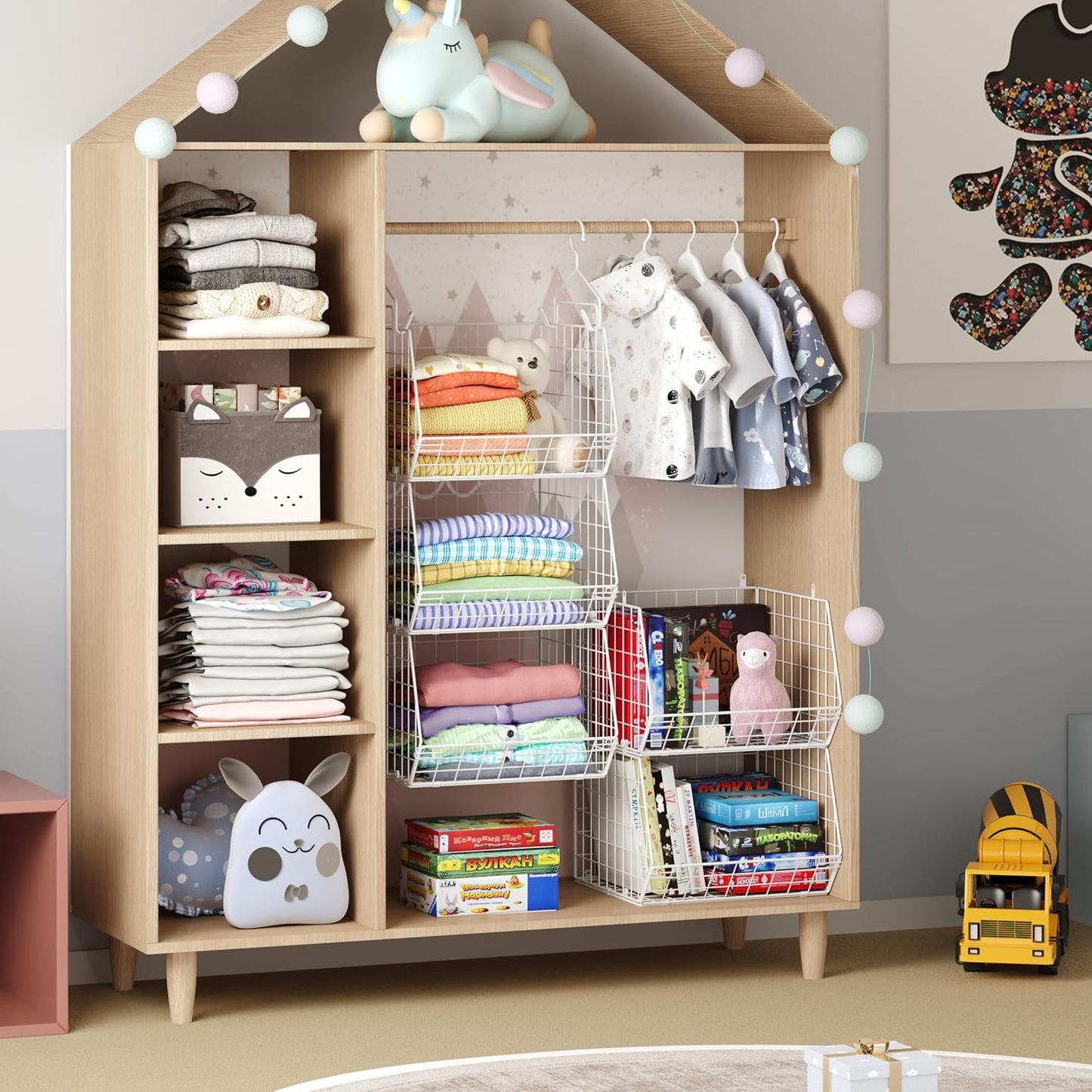 X-cosrack 5 Tier Closet Hanging Organizer, Clothes Hanging Shelves with 4 Hanging Hooks 5 S Hooks, Wire Storage Basket Bins, for Clothing Sweaters Shoes Handbags Clutches Accessories Patent Design