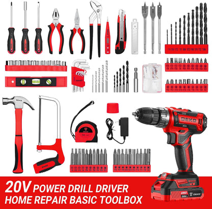 Cordless Drill Tool Kit Set: 20V Power Drill Tool Box with Battery Electric Drill Driver for Men Home Hand Repair Basic Toolbox Tools Sets Drills Case