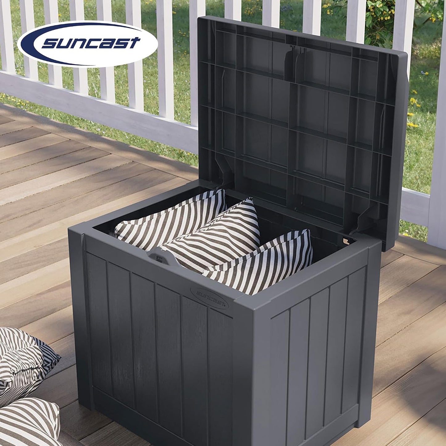 Suncast Small Deck Box Storage w/ Bench Seat for Indoor & Outdoor Use, 22 Gal., Cyberspace