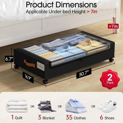 Yecaye Under Bed Storage with Wheels, 2 Pack Under Bed Storage Containers, 60L Underbed Shoe Storage with Clear Window & Label, Rolling Under Bed Metal Drawer for Clothes, Shoes, Books, Blankets