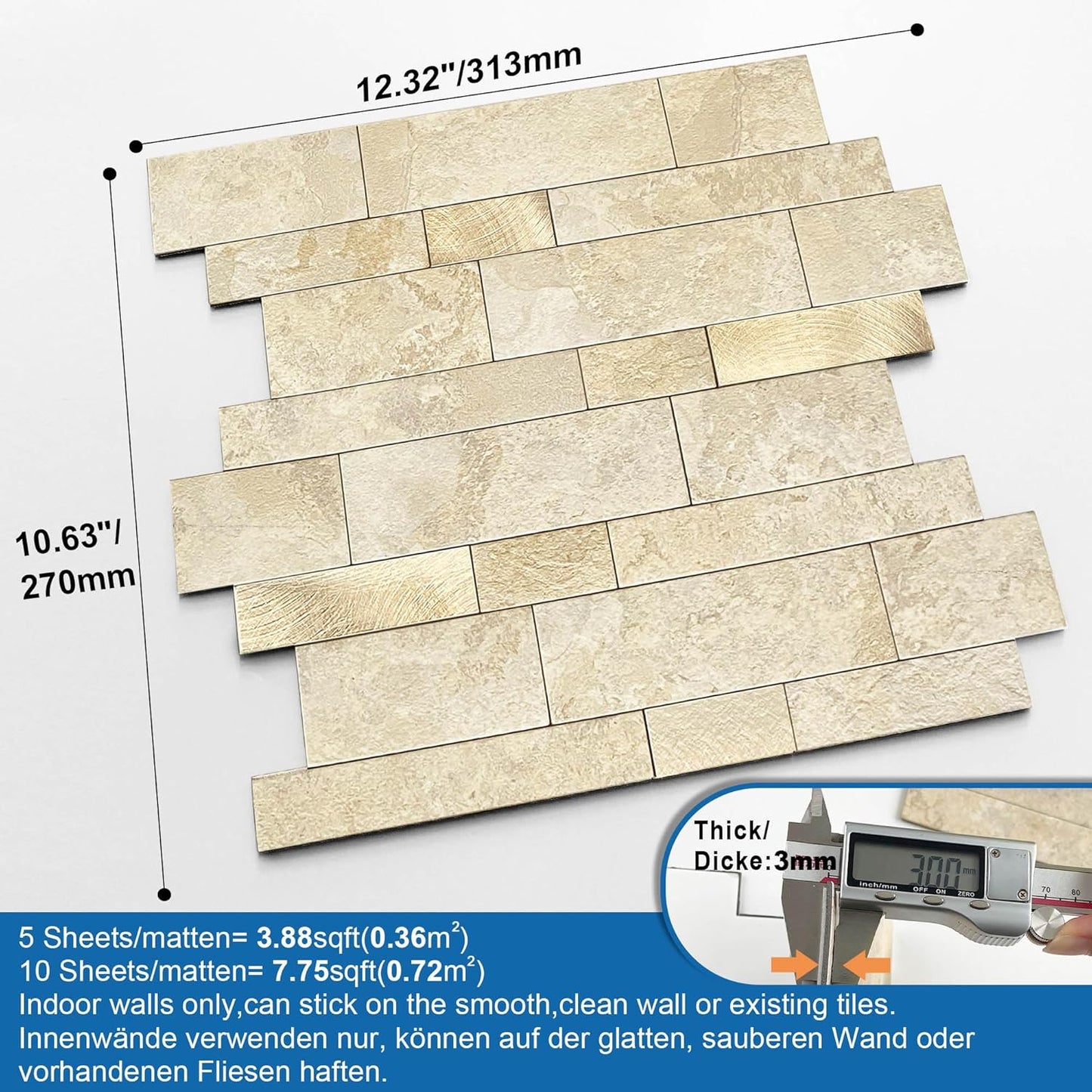 MOFIT Backsplash Tile for Kitchen Peel and Stick Stone Matte Finish,Bathroom Tiles Stickers 3D Wall Panel Linear Mosaic Marble Backsplash Waterproof(10sheets,Blue Green Gray)