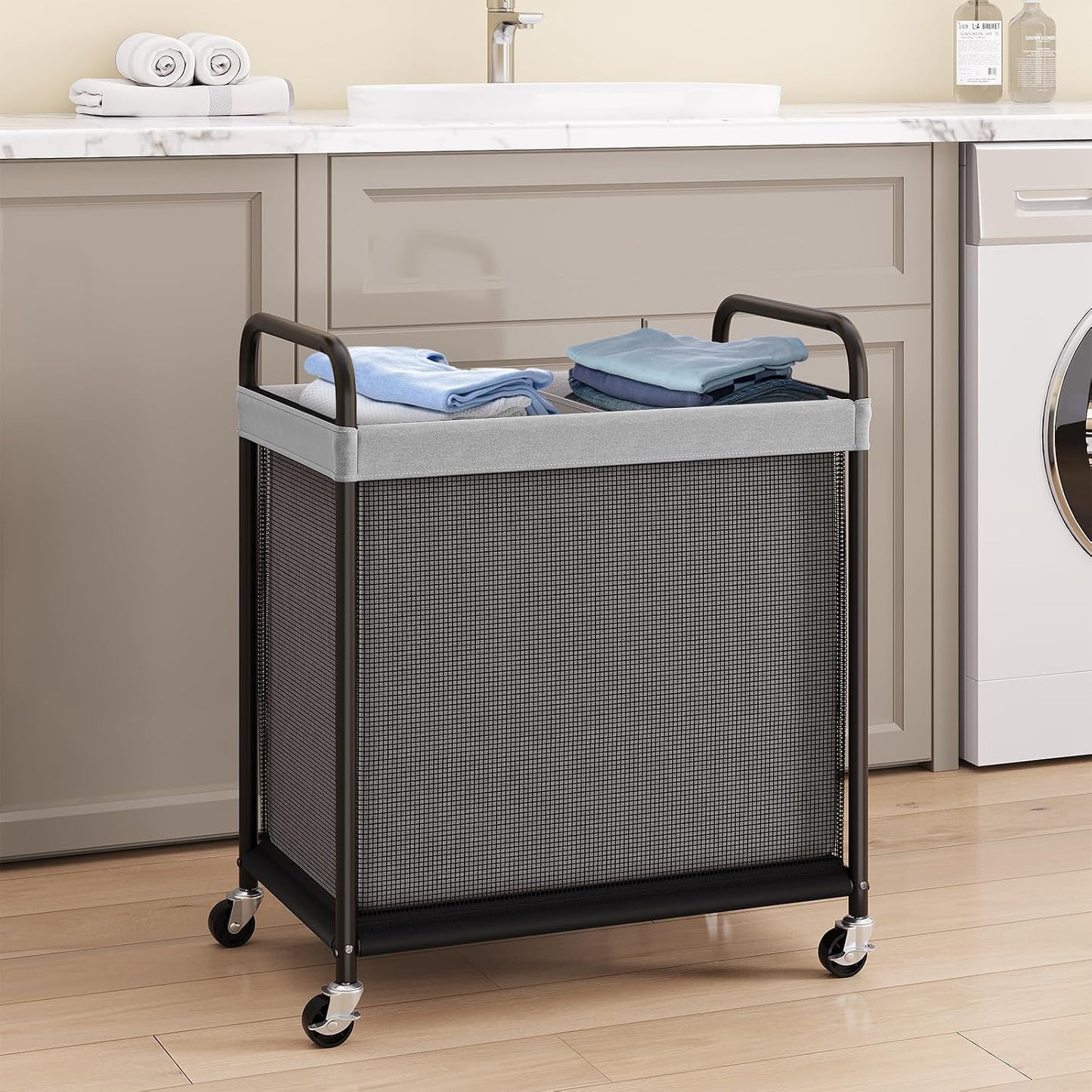 ELYKEN Laundry Hamper 3 Section, 120L Rolling Laundry Sorter with Removable Liner Bag, Laundry Basket with Wheels, Steel Frame with Metal Handle, Clothes Hamper Cart for Laundry Room & Bedroom