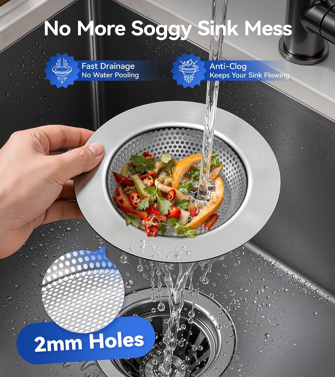 Anti-Clog Sink Drain Strainer Applicable to Different Kitchen Drains, Safe Design Stainless Steel Kitchen Sink Strainer, Drain Cover Filter Food Catcher Basket Easy to Clean - Inner Diameter 2.95 Inch
