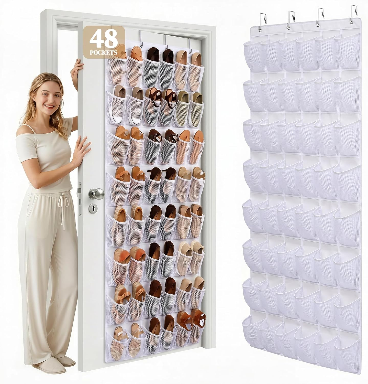 48 Pockets Over the Door Shoe Organizer, Large Mesh Hanging Shoe Rack, 6-Column Heavy Duty Shoe Storage for Sneakers and Heels, Behind Door Holder for Entryway Bedroom Dorm College, Black