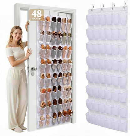 48 Pockets Over the Door Shoe Organizer, Large Mesh Hanging Shoe Rack, 6-Column Heavy Duty Shoe Storage for Sneakers and Heels, Behind Door Holder for Entryway Bedroom Dorm College, Black