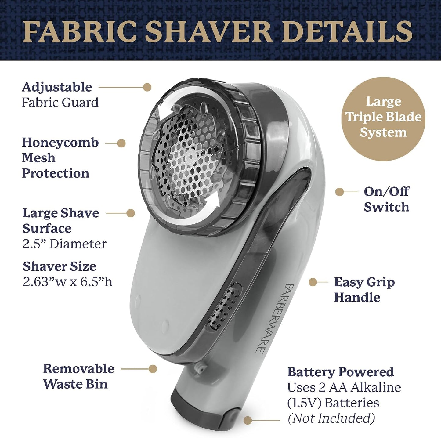 Farberware Fabric Shaver & Lint Remover for Clothes – Battery Operated Lint Shaver with Triple Blades, Sweater Shaver to Remove Pilling for Clothing, Couch, Furniture, Fuzz, Lint Balls