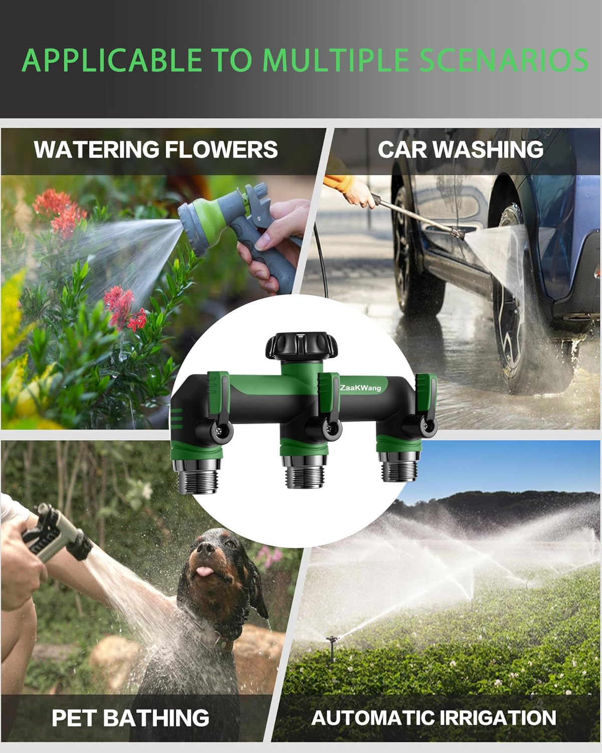 Garden Hose Splitter 2 Way, Heavy Duty Water Hose Spigot Bib Splitter, Outdoor Faucet Splitter with Shutoff Valve, T Adapter Connector with 3/4 - Inch GHT Thread (Grey)