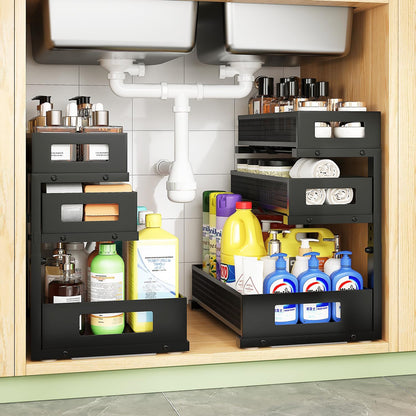 3-Tier Under Sink Organizer,2 Pack Height Adjustable Pull Out Cabinet Organizer Shelf, Thickened Metal Slide out Storage Drawer Rack for Bathroom Laundry Room Kitchen Pantry Organization (White)