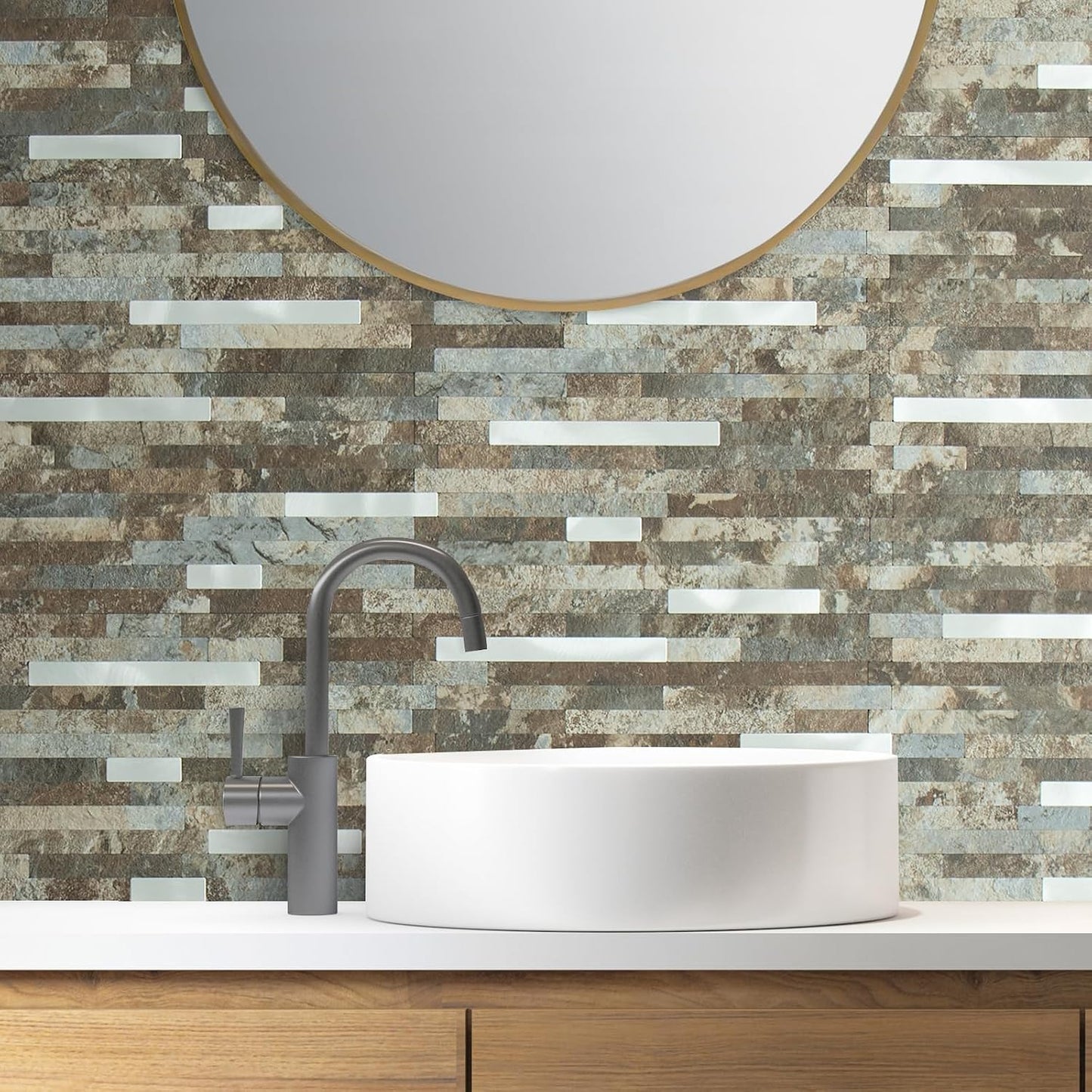 AULIGET 20 Sheets Peel and Stick Backsplash, Black & Grey Wood Look PVC Mixed Metal Stick on Backsplash Tiles for Kitchen
