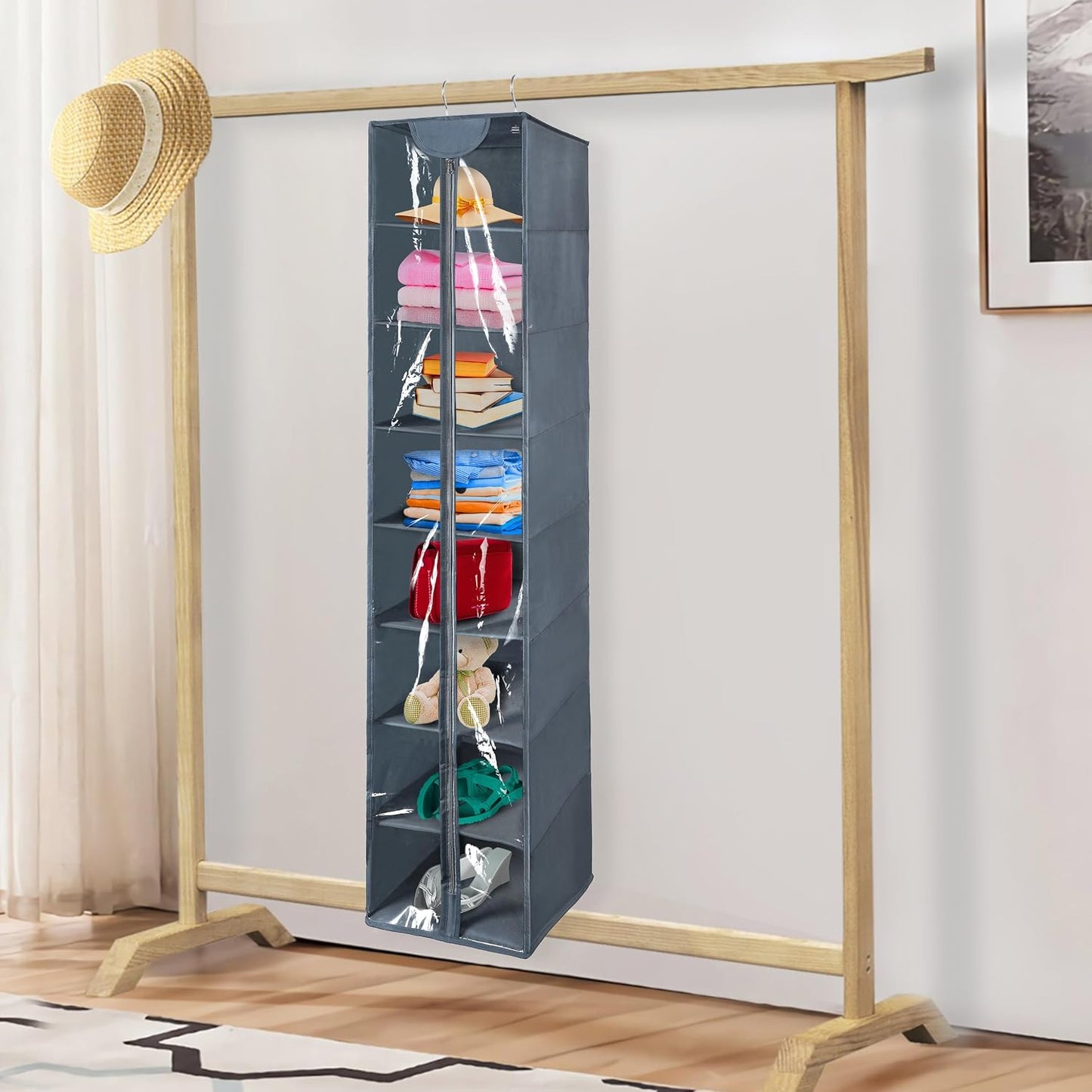 Libeder Hanging Closet Organizer, 8-Shelf Wardrobe Clothes Storage Organizer with Zipper,Hanging Shelves for Sweater,Shoes,Purse,Hats,White