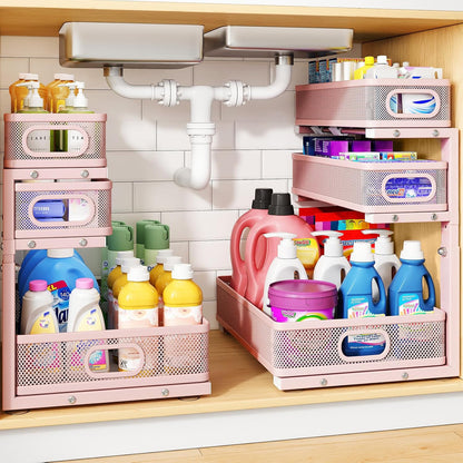 Under Sink Organizer, 2-Pack 3-Tier Thickened Metal Pull out Cabinet Organizer Shelf, Height Adjustable Slide out Storage Drawer Rack for Kitchen Bathroom Pantry Laundry Home Office Organization