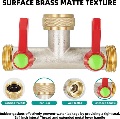 Hose Splitter 2 Way, High Flow Garden Hose Splitter, 3/4” Ght Inlet Brass Heavy Duty Hose Converter, Full Flow water 2 Way Faucet hose splitter, Long Handle Hose Valve Large Outlet.