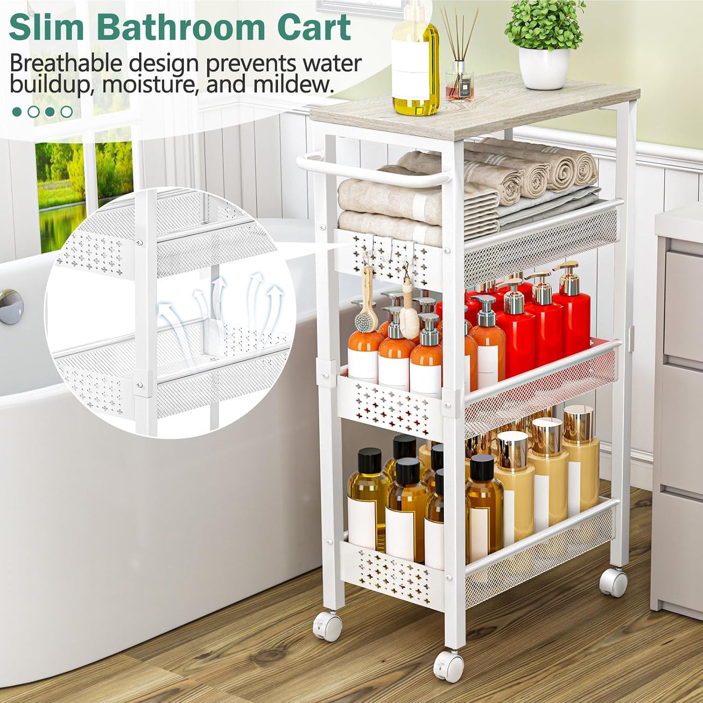 Vivihomety Utility Slim Storage Cart with Wheels, 4 Tier Small Rolling Cart with Wood Top, Metal Kitchen Bathroom Laundry Room Organization Trolley with Handle for Narrow Space – Black