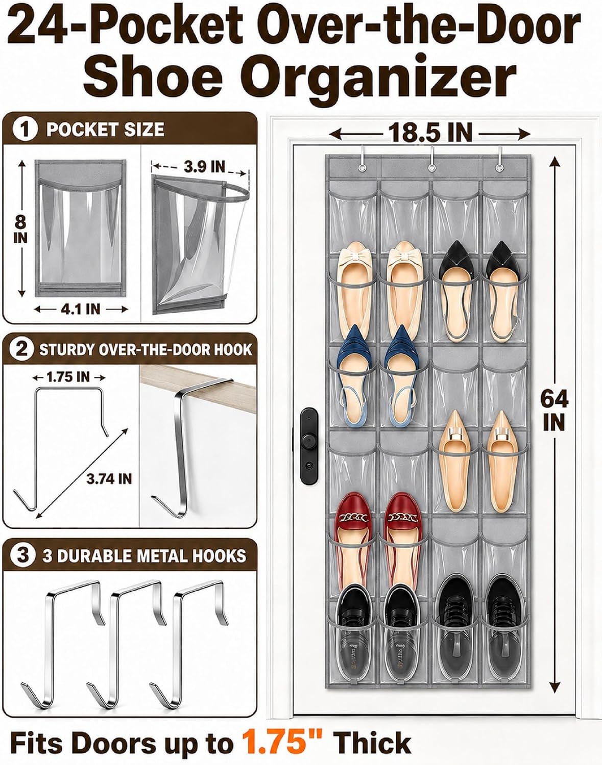 Over the Door Shoe Organizer with 24 Crystal Clear Pockets and Metal Hooks – Heavy Duty Hanging Shoe Storage Rack for Closet, Bathroom, Dorm – Space Saving for Shoes, Accessories, Toys (White)