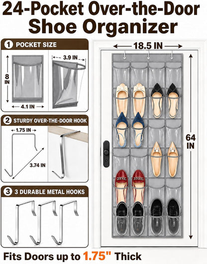 Over the Door Shoe Organizer with 24 Crystal Clear Pockets and Metal Hooks – Heavy Duty Hanging Shoe Storage Rack for Closet, Bathroom, Dorm – Space Saving for Shoes, Accessories, Toys (White)