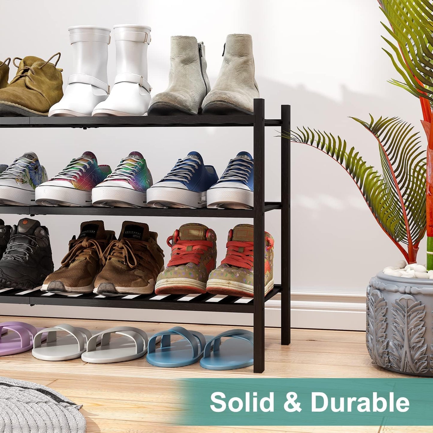 viewcare 3-Tier Black Bamboo Shoe Rack for Entryway, Stackable | Foldable | Natural, Shoe Shelf Storage Organizer for Hallway Closet, Free Standing Shoe Racks for Indoor Outdoor