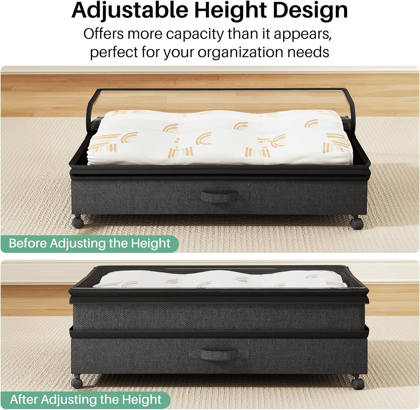 Kitstorack Under Bed Storage with Wheels 2Pack Height-adjustable Under Bed Storage Containers,Under Bed Shoe Storage Organizer with Clear Window&Label, Suitable for Clothes Storage, Gray