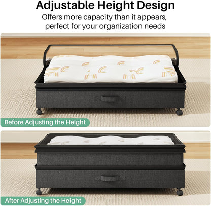 Kitstorack Under Bed Storage with Wheels 2Pack Height-adjustable Under Bed Storage Containers,Under Bed Shoe Storage Organizer with Clear Window&Label, Suitable for Clothes Storage, Gray