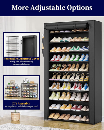Kitsure Shoe Rack - 10-Tier Large Capacity Shoe Organizer Shelf with Dust Cover & Side Pockets, Rust-Proof Metal Shoe Rack for Closet, Entrance, Living Room, 17.5" x 12.4" x 69.3", Black