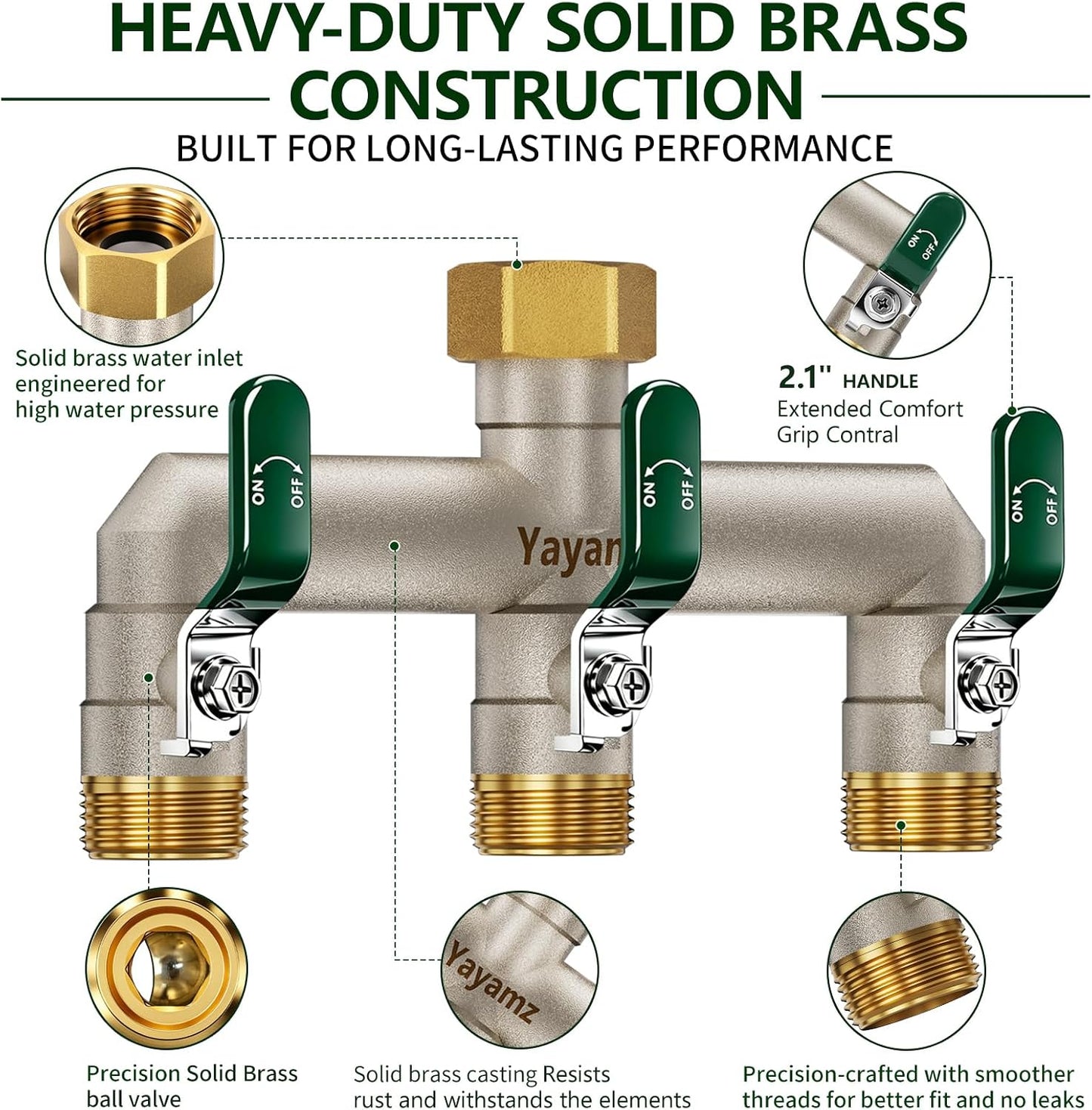 Garden Hose Splitter 3-Way, Heavy Duty Brass Hose Splitter | Outdoor Water Spigot Splitter, Full Flow, Long Handles, Shut-off Valves, Wide Spacing Fit Large Timer